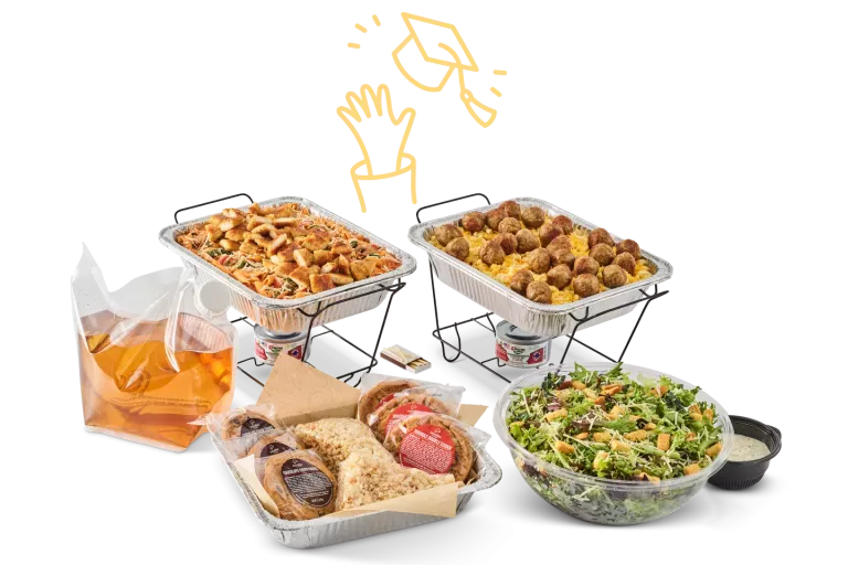 Noodles Catering Pans, drinks, desserts, and salad with a decorative illustration of a graduate throwing their cap into the air.