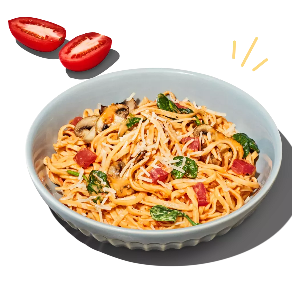 Noodles &amp; Company LEANguini Rosa with 44% lower net carbs and 50% more protein than traditional wheat pasta