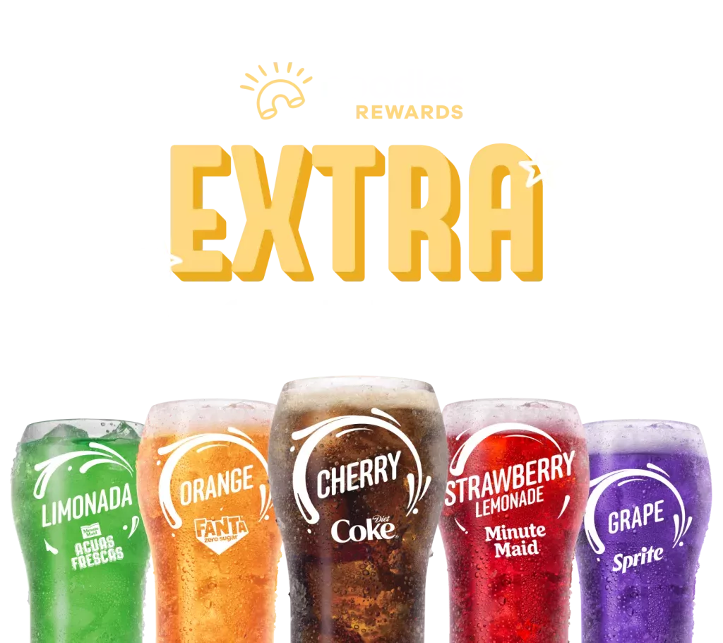 Noodles Rewards Extra Goodness logo with five Coca Cola Freestyle fountain beverage flavors, including Agua Fresca Limonada, Fanta Orange, Cherry Coke, Minute Maid Strawberry Lemonade, and Grape Sprite.