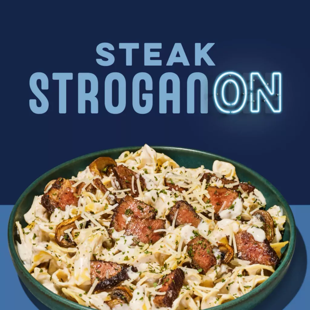 Steak Stroganoff Logo in Neon Sign form with Steak Stroganoff noodle dish in a green bowl.