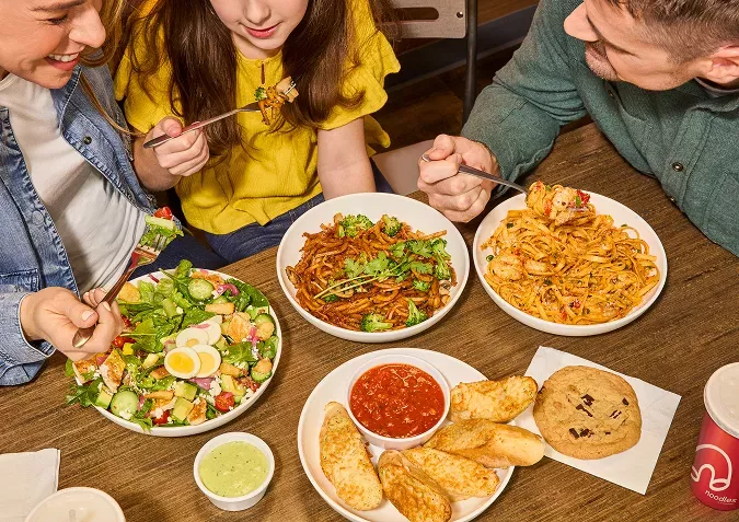 Three people enjoying a meal of green goddess cobb salad, spicy korean steak noodles and cajun shrimp fettuccine with a cookie and cheesy garlic bread