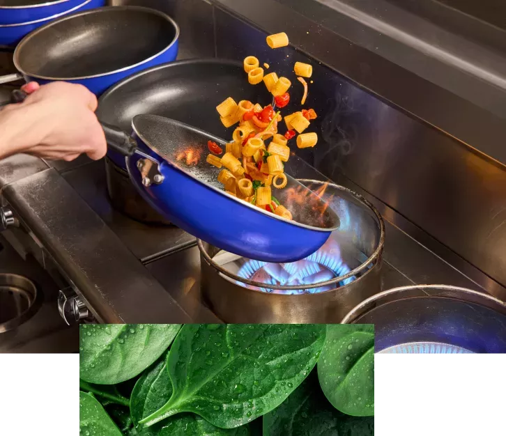 sauteing rigatoni rosa noodles over an open flame and cross section of spinach