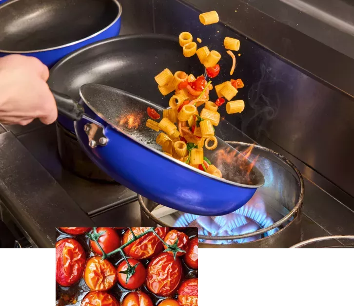 Rigatoni rosa dish being sauteed in a blue pan over a flame, with a detail close-up of roasted cherry tomatoes.