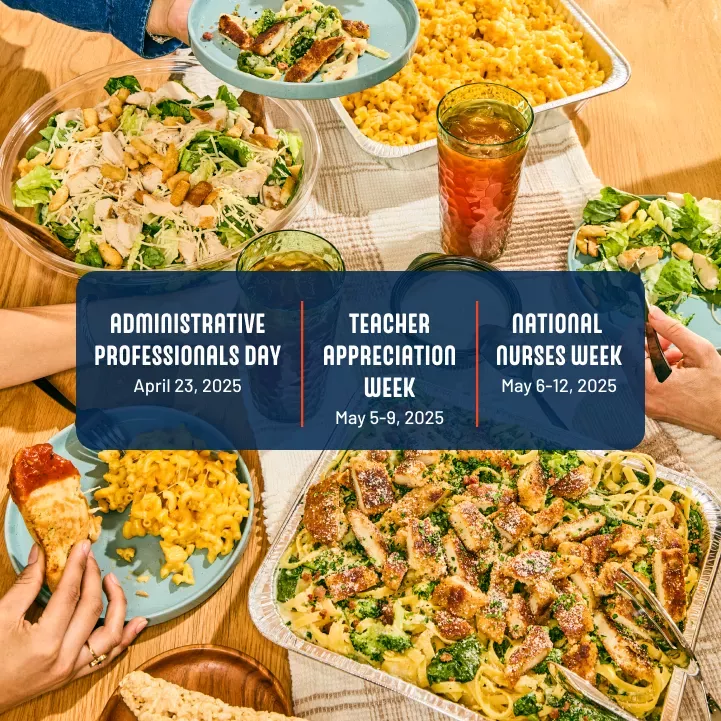 A table filled with various pasta dishes, including macaroni and cheese, chicken Alfredo, and salad, with people serving themselves. A graphic overlay in the center displays three appreciation dates: &quot;Administrative Professionals Day - April 23, 2025,&quot; &quot;Teacher Appreciation Week - May 5–9, 2025,&quot; and &quot;National Nurses Week - May 6–12, 2025.&quot; The scene emphasizes celebration and shared meals.