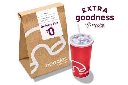 Extra Goodness, Noodles Rewards. $0 Delivery Fee and a Noodles & Company to-go bag. 