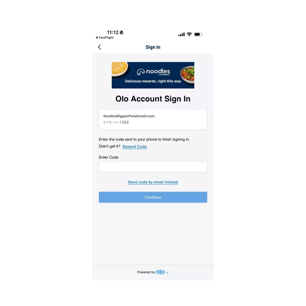 New sign in experience for Noodles &amp; Company powered by OLO.