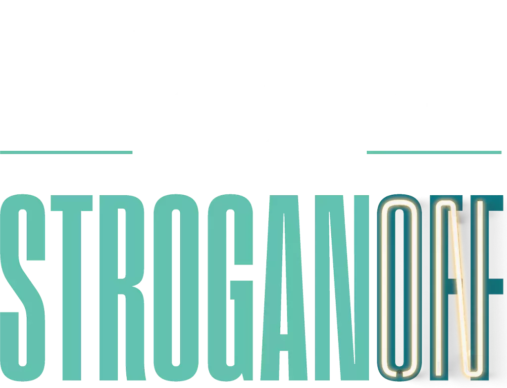 Steak Stroganoff is now Strogan-on. Shown with decorative neon-light typeface.