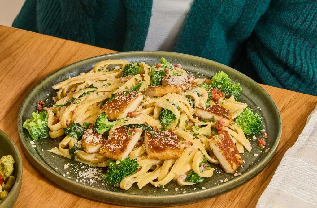 Crispy Chicken Bacon Alfredo on a table