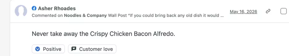 Social media comment that reads "Never take away the Crispy Chicken Bacon Alfredo"