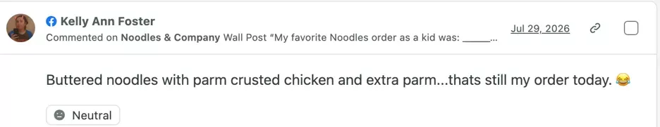 Facebook comment that reads "Buttered noodles with parm crusted chicken and extra parm... that's still my order today."