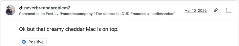 TikTok comment that reads "Ok but creamy cheddar mac is on top"