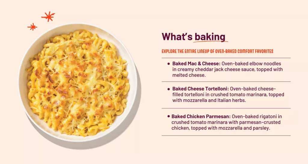 Baked Mac & Cheese. What's Baking, Explore the entire lineup of oven-baked comfort favorites. Baked Mac & Cheese: Oven-baked elbow noodles in creamy cheddar jack cheese sauce, topped with melted cheese. Baked Cheese Tortelloni: Oven-baked cheese-filled tortelloni in crushed tomato marinara, topped with mozzarella and Italian herbs. Baked Chicken Parmesan: Oven-baked rigatoni in crushed tomato marinara with parmesan-crusted chicken, topped with mozzarella and parsley.
