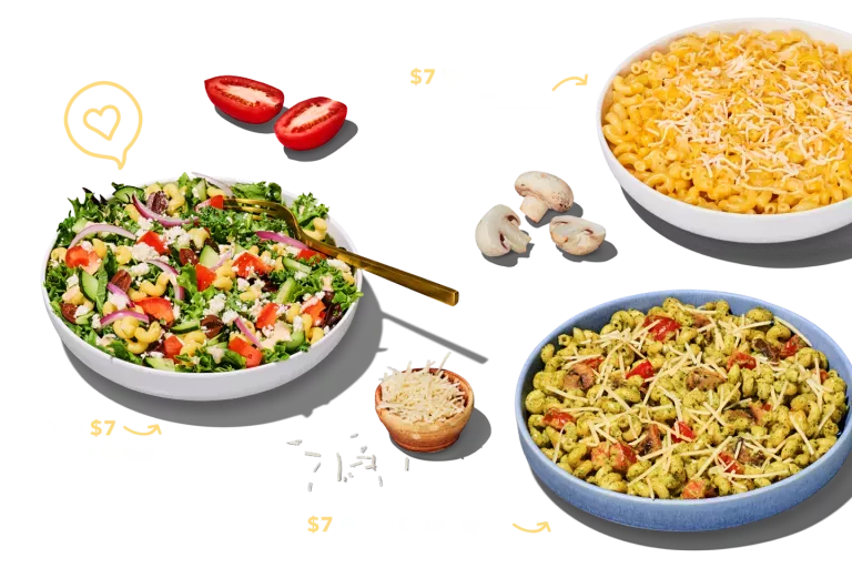 7 delicious $7 dishes, featuring the $7 Wisconsin mac and cheese, $7 pesto cavatappi, and $7 the med salad