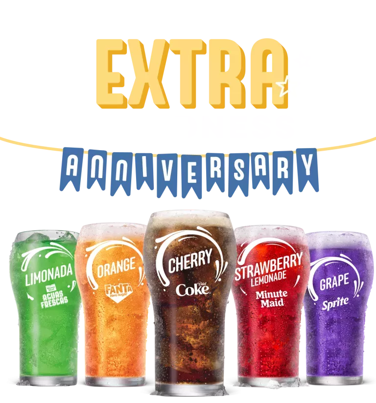 Extra Goodness Anniversary logo with a variety of Coca Cola Fountain Drink Flavors