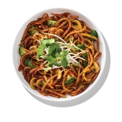 Bowl of Japanese Pan Noodles with shitake mushrooms and sprouts