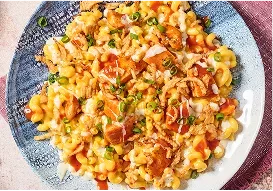Tabletop image of buffalo chicken ranch mac and cheese