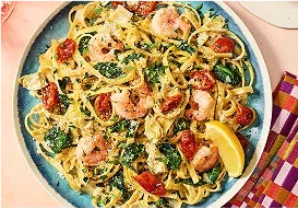 Tabletop image of lemon garlic shrimp scampi