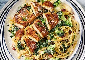 Tabletop image of crispy chicken bacon alfredo