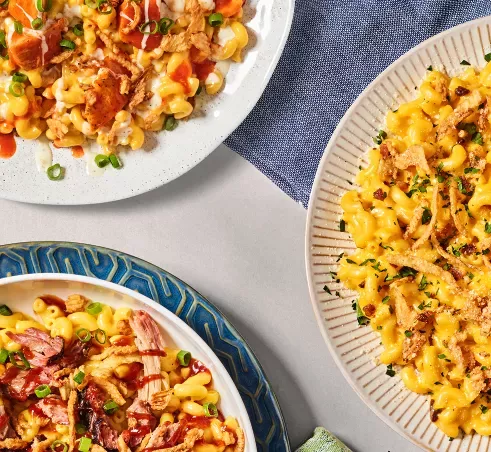 Buffalo Ranch Mac and Cheese, Pulled Pork BBQ Mac and Cheese, and Garlic Bacon Crunch Mac
