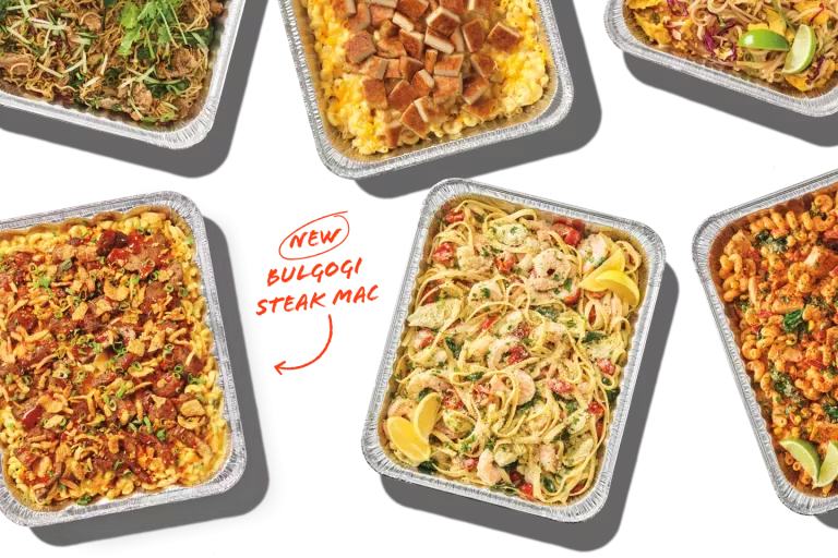 Catering pan offerings from Noodles and Company. Graphic that says, &quot;New Bulgogi Steak Mac&quot;.