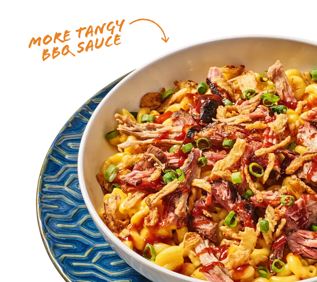 More tangy BBQ sauce. Noodles &amp; Company's Pulled Pork BBQ  Mac &amp; Cheese shown in a white bowl on a decorative blue plate.